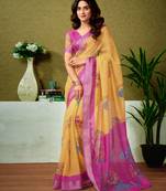 ready to wear yellow and pink linen zari screen printed casual and work saree with blouse