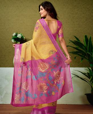 ready made yellow and pink linen zari screen printed casual and work saree 2