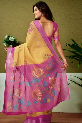 ready made yellow and pink linen zari screen printed casual and work saree