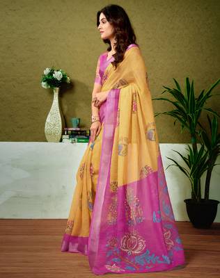 ready made yellow and pink linen zari screen printed casual and work saree 3
