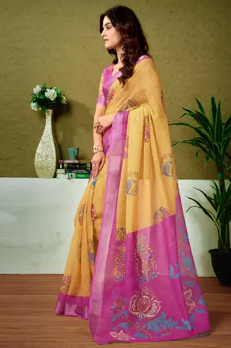 ready made yellow and pink linen zari screen printed casual and work saree