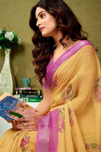 ready made yellow and pink linen zari screen printed casual and work saree