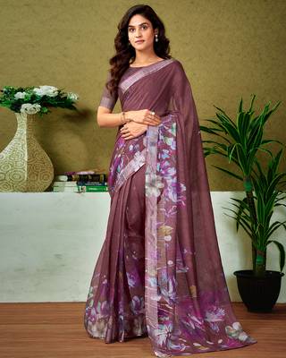 pre-stitched brown linen zari screen printed casual and work saree 1