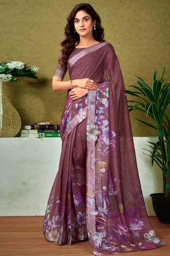 Brown linen zari screen printed casual and work ready to wear saree with blouse