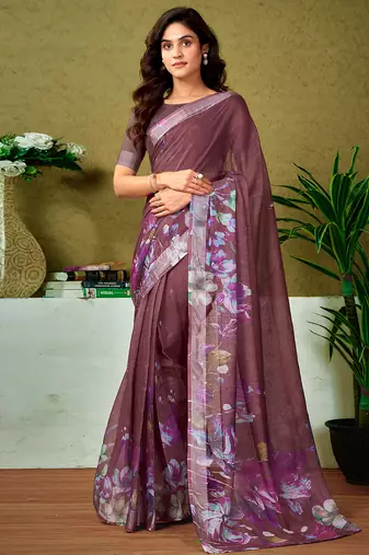 Brown linen zari screen printed casual and work ready to wear saree with blouse