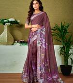 ready to wear brown linen zari screen printed casual and work saree with blouse