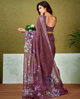 pre-stitched brown linen zari screen printed casual and work saree 2