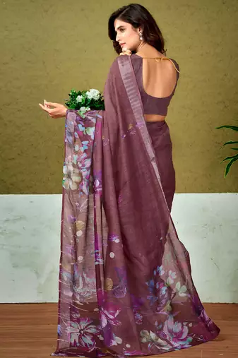 pre-stitched brown linen zari screen printed casual and work saree