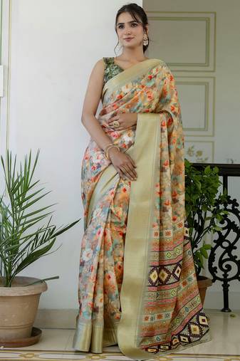 Green silk zari screen printed woven floral print striped woven party and festive ready to wear saree with blouse