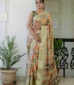ready to wear green silk zari screen printed woven floral print striped woven party and festive saree with blouse
