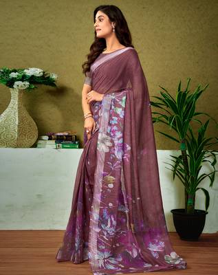 pre-stitched brown linen zari screen printed casual and work saree 3