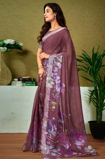pre-stitched brown linen zari screen printed casual and work saree