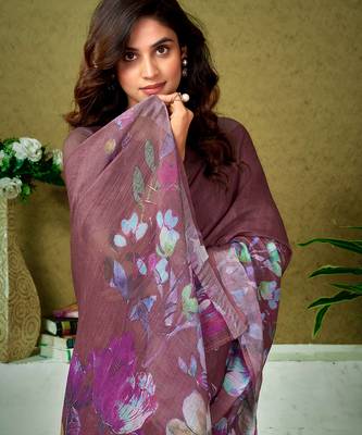pre-stitched brown linen zari screen printed casual and work saree 4