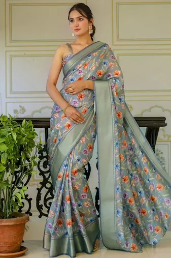 Green silk zari screen printed woven floral print striped woven zari work party ready to wear saree with blouse