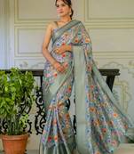 ready to wear green silk zari screen printed woven floral print striped woven zari work party saree with blouse