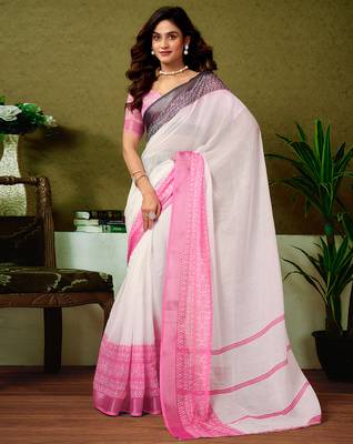 ready to wear white linen zari screen printed casual and work saree 1