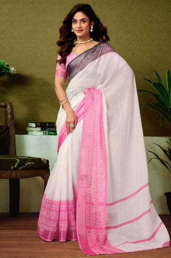 White linen zari screen printed casual and work ready to wear saree with blouse