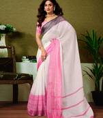 ready to wear white linen zari screen printed casual and work saree with blouse