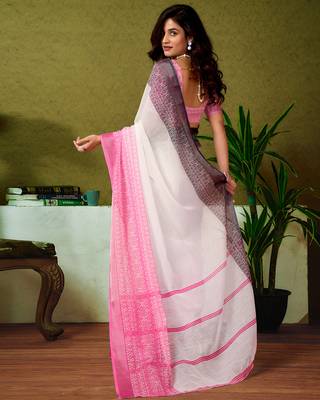 ready to wear white linen zari screen printed casual and work saree 2