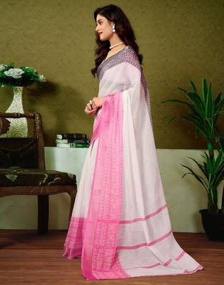 ready to wear white linen zari screen printed casual and work saree 3