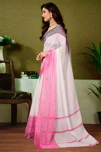 ready to wear white linen zari screen printed casual and work saree