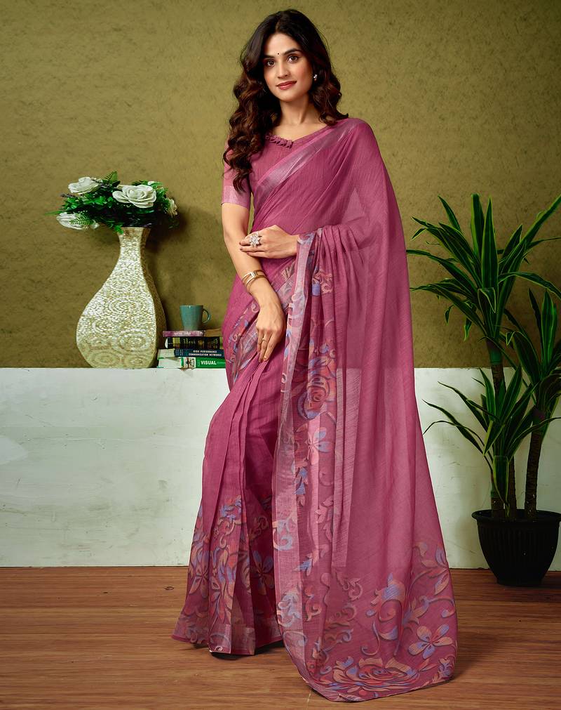 Pink linen zari screen printed casual and work ready to wear saree with blouse
