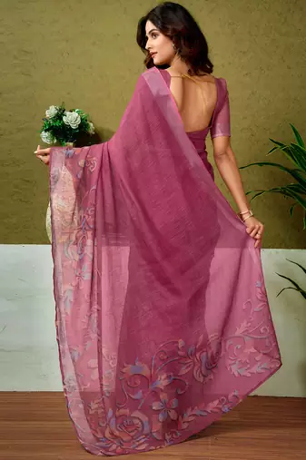 pre draped pink linen zari screen printed casual and work saree