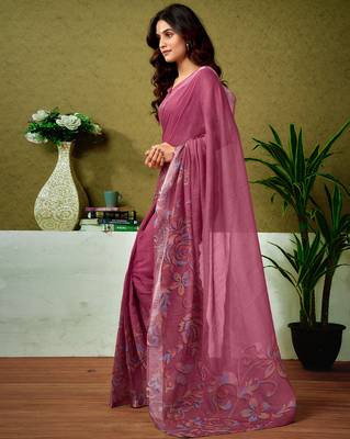 pre draped pink linen zari screen printed casual and work saree 3