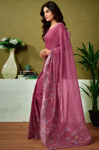 pre draped pink linen zari screen printed casual and work saree