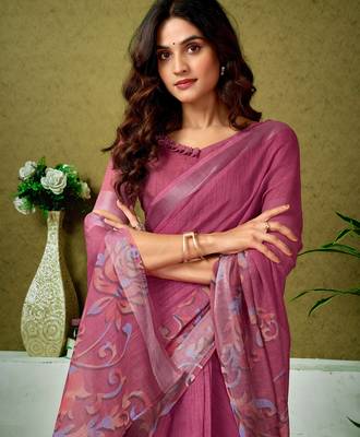 pre draped pink linen zari screen printed casual and work saree 4