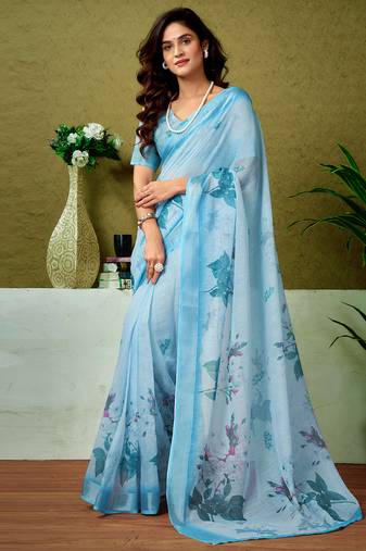 Blue linen zari screen printed casual and work ready to wear saree with blouse