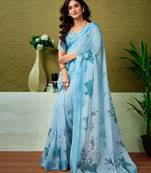 ready to wear blue linen zari screen printed casual and work saree with blouse