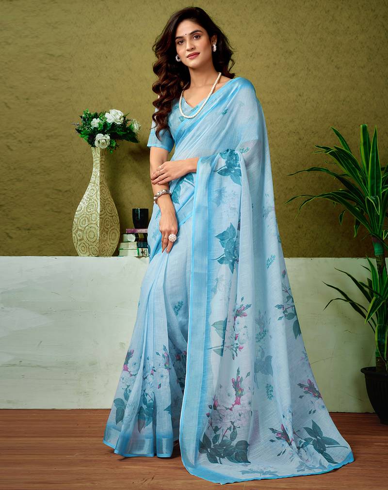Blue linen zari screen printed casual and work ready to wear saree with blouse