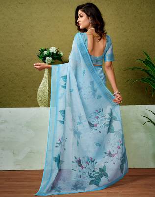ready made blue linen zari screen printed casual and work saree 2