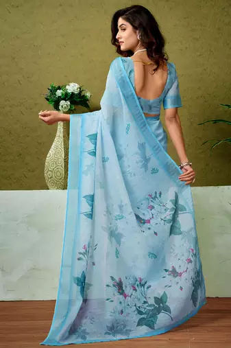 ready made blue linen zari screen printed casual and work saree