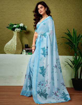 ready made blue linen zari screen printed casual and work saree 3