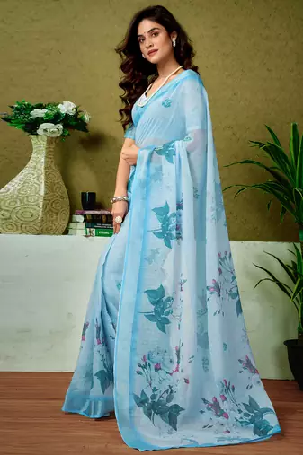 ready made blue linen zari screen printed casual and work saree