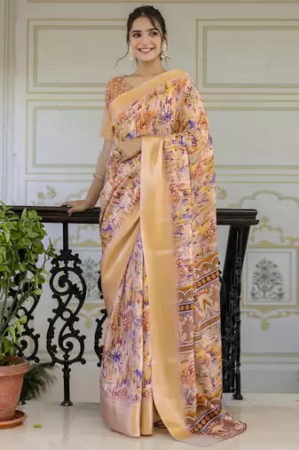 Multicolor screen printed woven floral print striped woven zari work ceremony, party and festive ready to wear saree