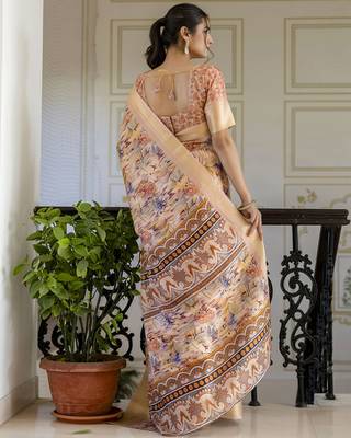 pre-stitched multicolor screen printed woven floral print striped woven zari work ceremony, party and festive saree 2