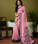 ready to wear pink linen zari screen printed casual and work saree with blouse