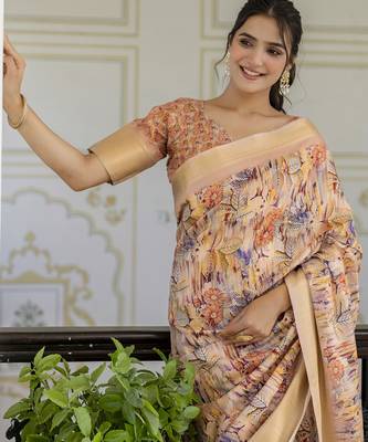 pre-stitched multicolor screen printed woven floral print striped woven zari work ceremony, party and festive saree 4
