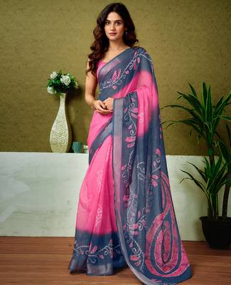 ready to wear blue and pink linen zari screen printed casual and work saree 1