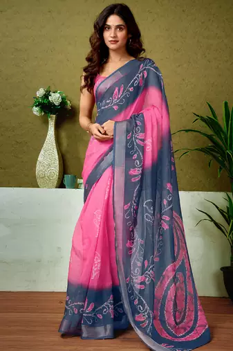 Blue and pink linen zari screen printed casual and work ready to wear saree with blouse