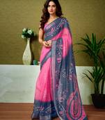 ready to wear blue and pink linen zari screen printed casual and work saree with blouse