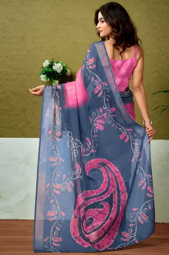 ready to wear blue and pink linen zari screen printed casual and work saree