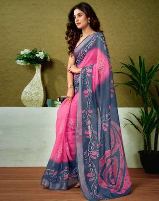ready to wear blue and pink linen zari screen printed casual and work saree 3