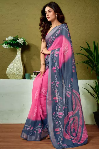 ready to wear blue and pink linen zari screen printed casual and work saree
