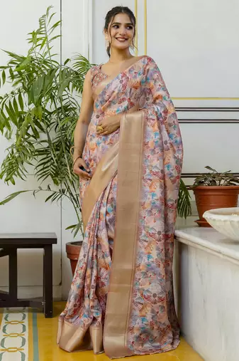 Multicolor screen printed woven floral print striped woven zari work party ready to wear saree with blouse