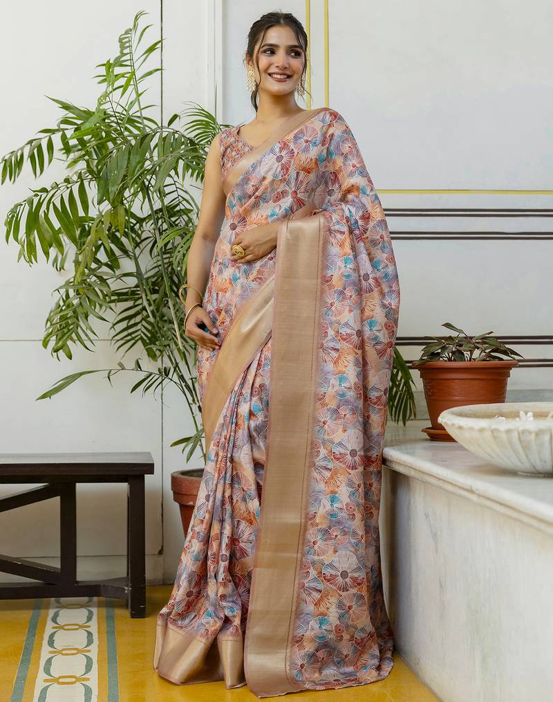 Multicolor screen printed woven floral print striped woven zari work party ready to wear saree with blouse