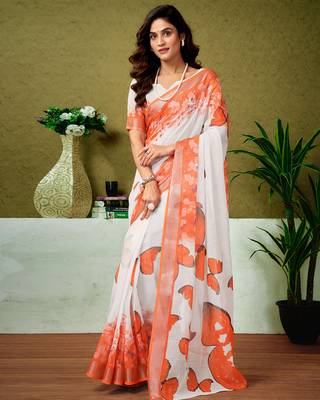 pre draped white and orange linen zari screen printed casual and work saree 1
